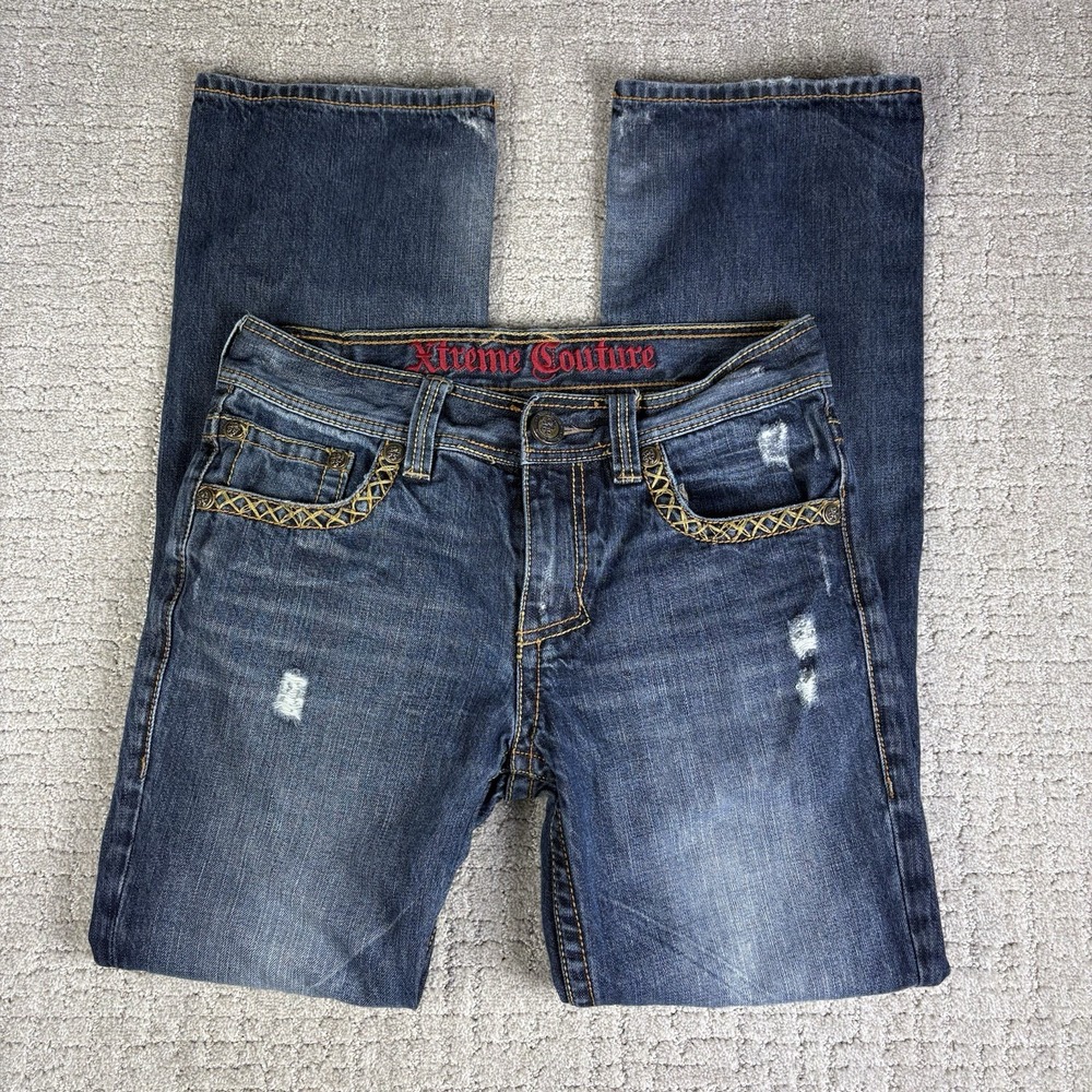 Xtreme Couture Jeans Mens Dark Wash Whiskered Punk Grunge Y2K Buckle Size 31x33